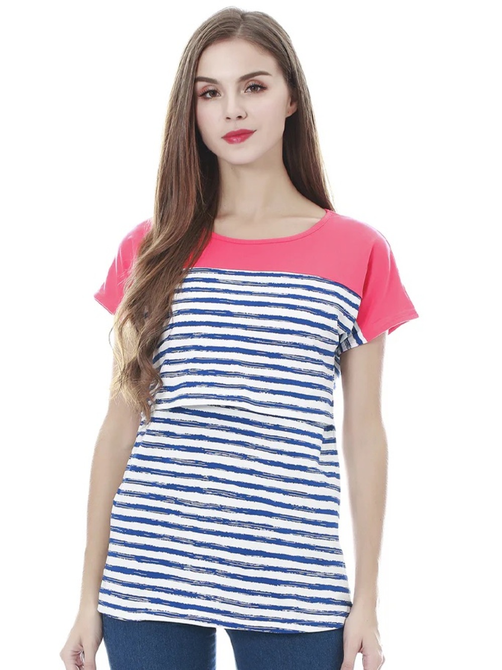 Smallshow Nursing Top Small Striped Breastfeeding Shirt Short Sleeve Maternity